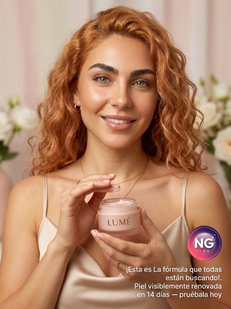 Ariana Reyes, modelo virtual de IA, con frasco de crema de skincare
