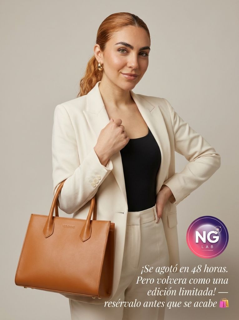 Ariana Reyes, modelo virtual de IA, posando con bolso de cuero
