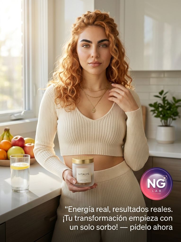 Ariana Reyes, modelo virtual de IA, con frasco de suplemento en la cocina