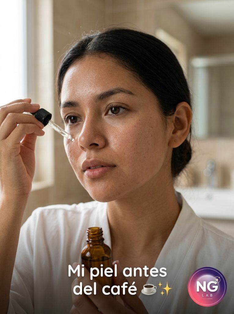Pieza UGC de belleza: modelo virtual de IA aplicándose sérum facial