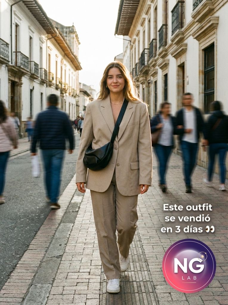 Pieza UGC de moda: modelo virtual de IA con outfit sastre caminando por calle urbana