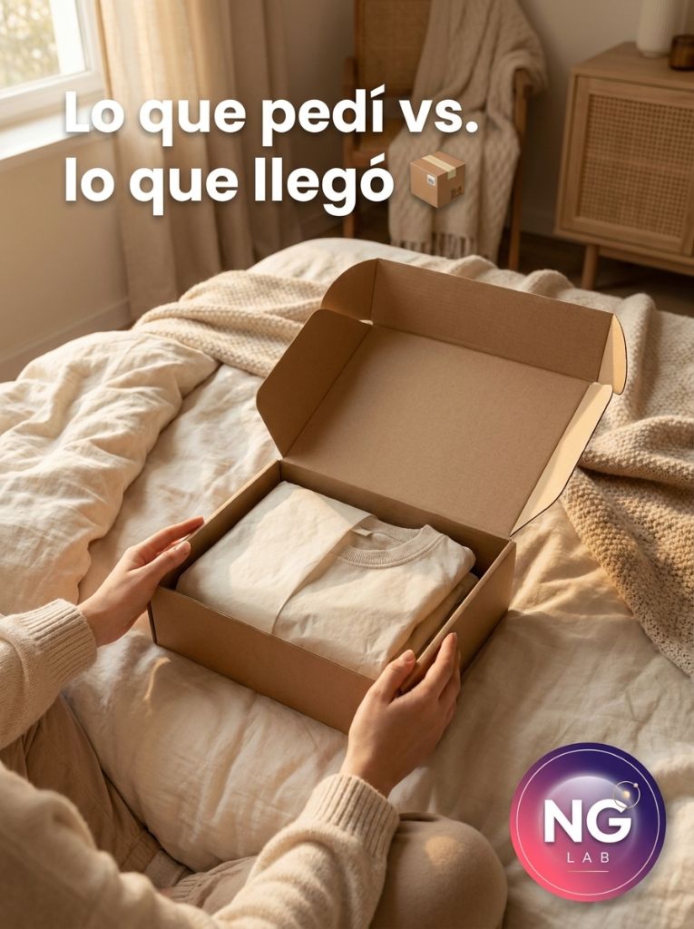Pieza UGC de moda: unboxing de prenda en caja de cartón sobre la cama