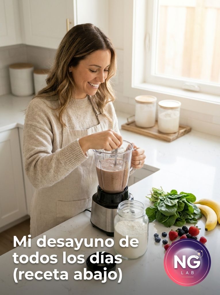 Pieza UGC de wellness: preparación de smoothie de desayuno en la cocina